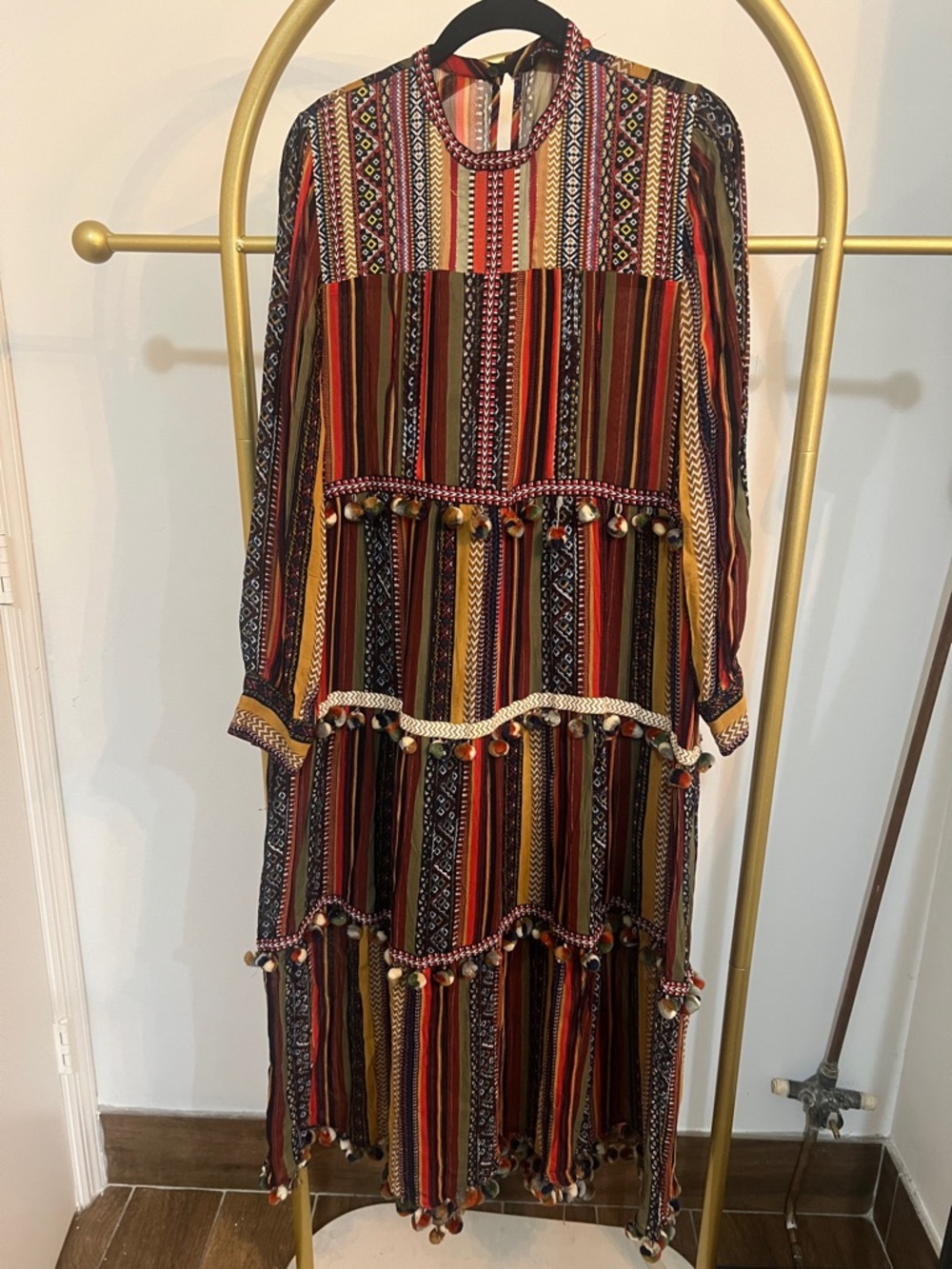 Zara Multicolor Striped Tiered Maxi Dress with Pom Trim